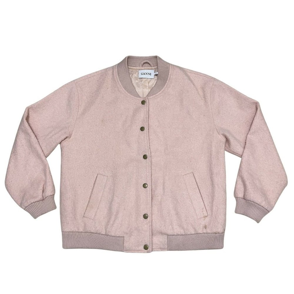 GANNI Women's Size Small Inglewood Bomber Jacket Pink Buttoned Soft Wool Blend